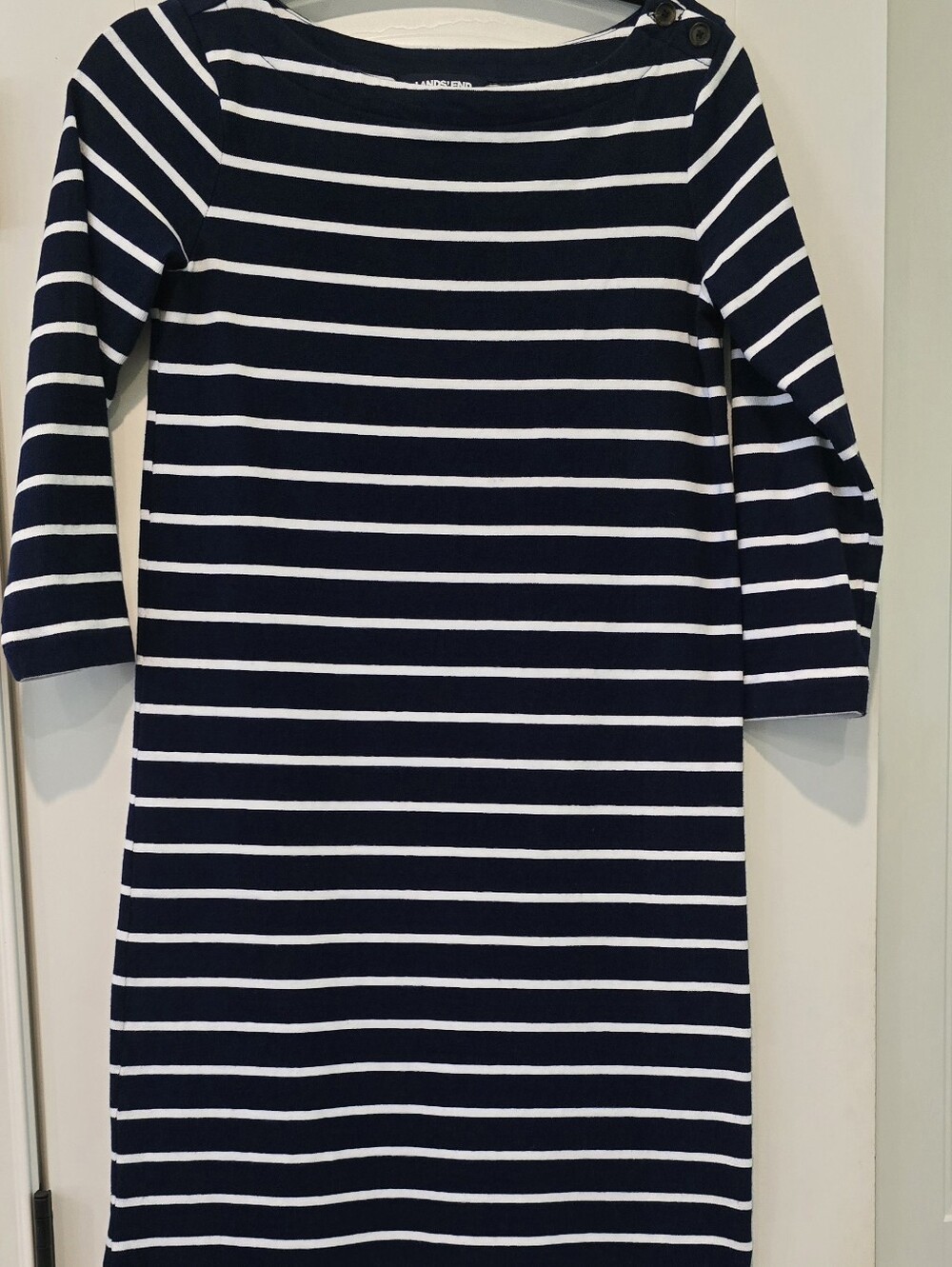 Lands' End Navy & White Striped 3/4 Sleeve Boatneck Dress XS (2-4)
